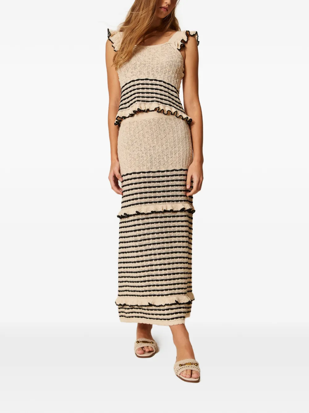 TWINSET striped ruffled maxi skirt - Beige