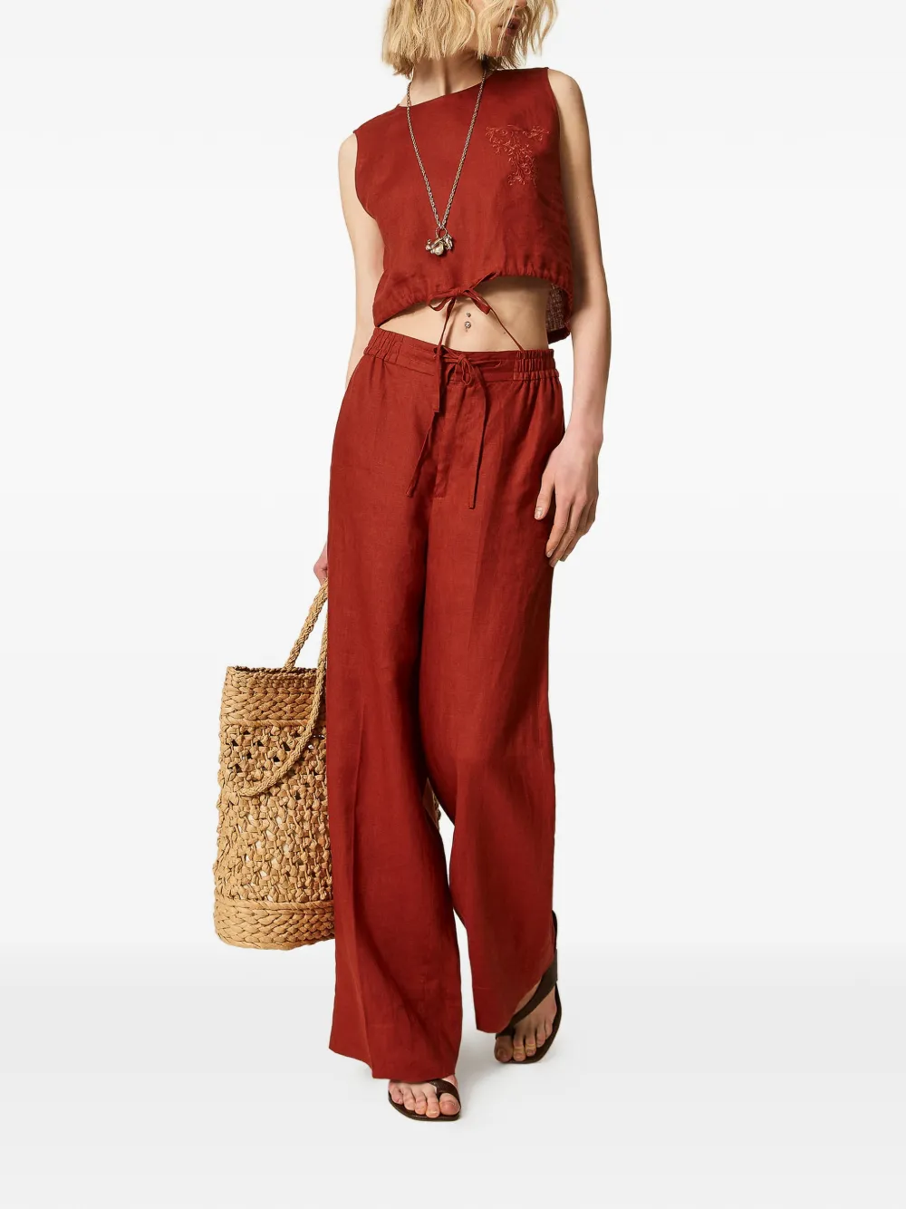 TWINSET Linnen broek met geborduurd logo Rood