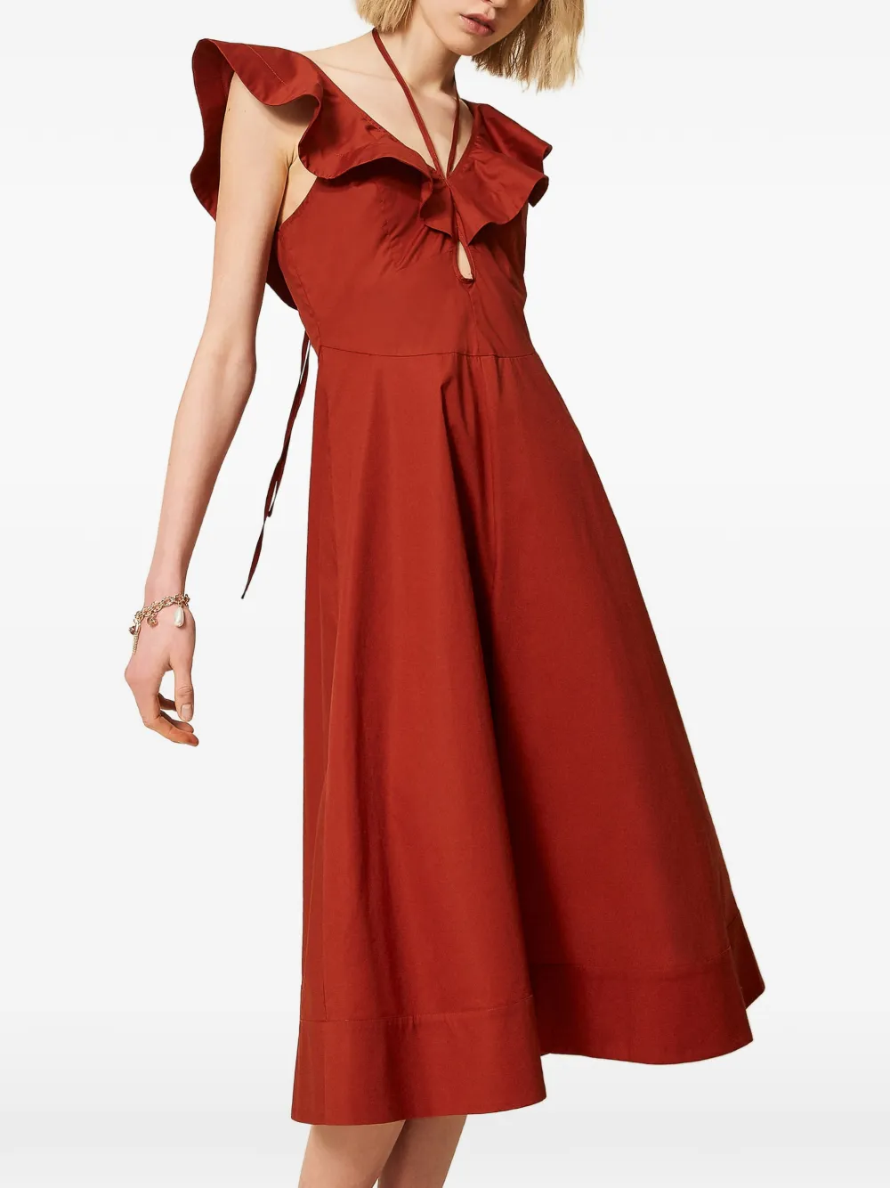 TWINSET Popeline midi-jurk met ruches Bruin
