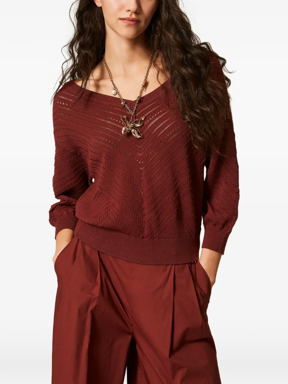 TWINSET Opengewerkte trui met chevron-streep Rood