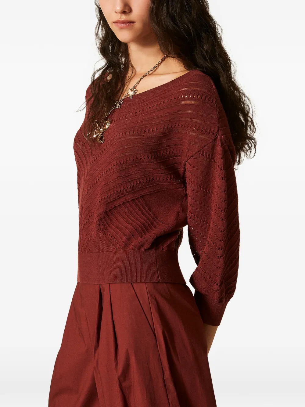 TWINSET Opengewerkte trui met chevron-streep Rood