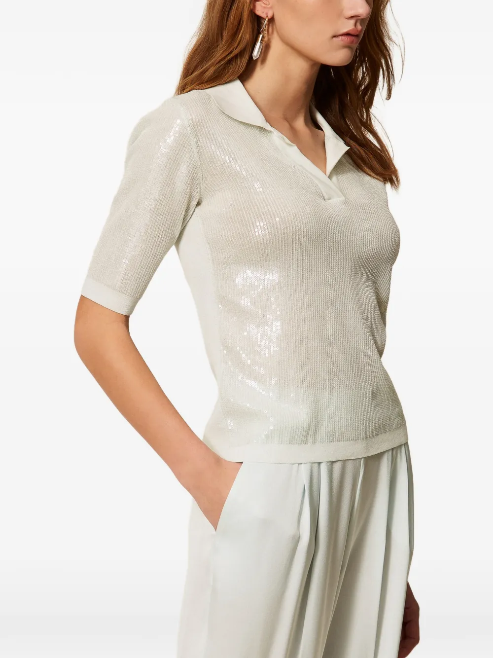  Twinset Wingtip-collar Sequinned Top - Blue 
