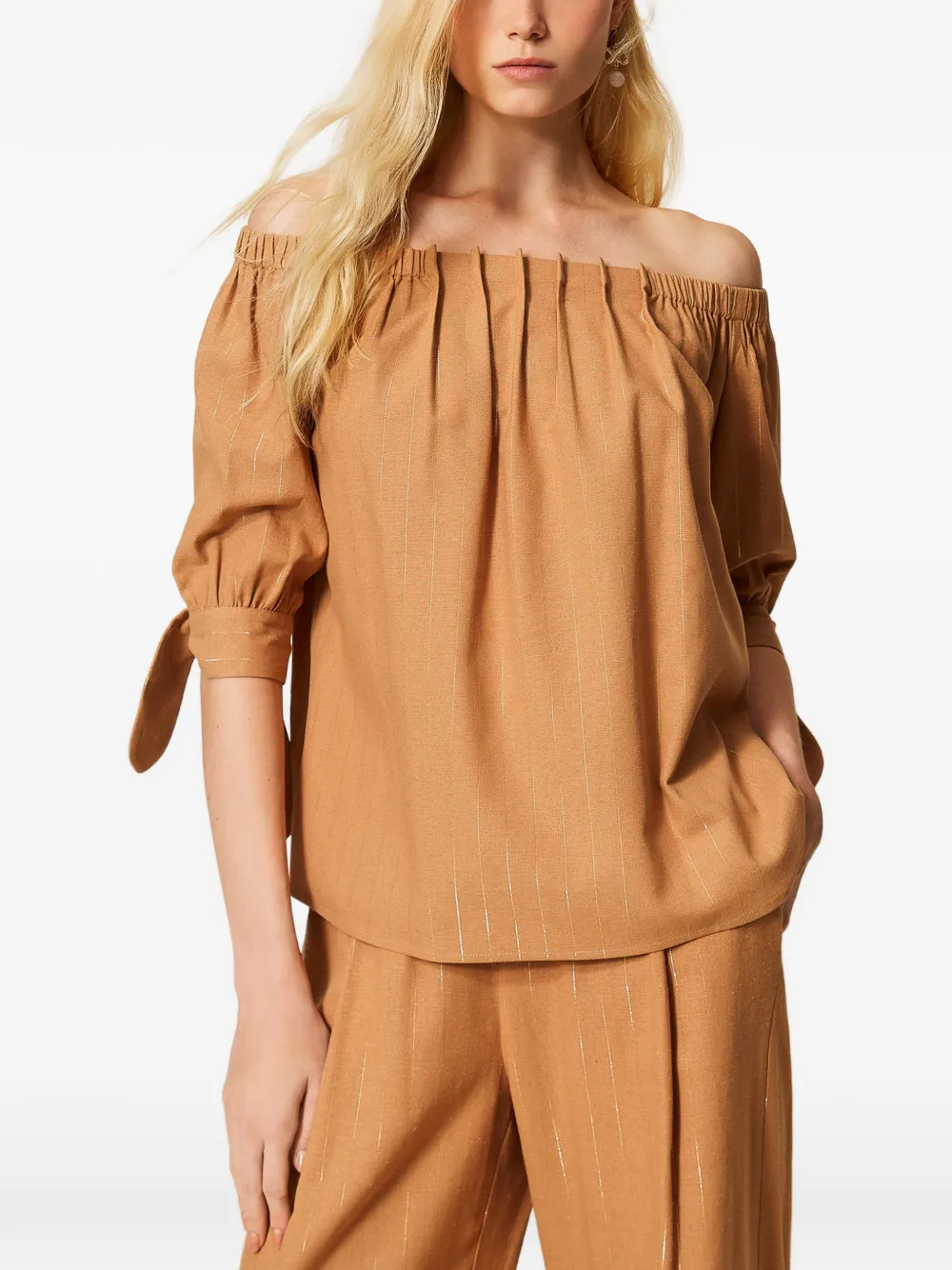 TWINSET Blouse met krijtstreep en gestrikte mouwen - Bruin