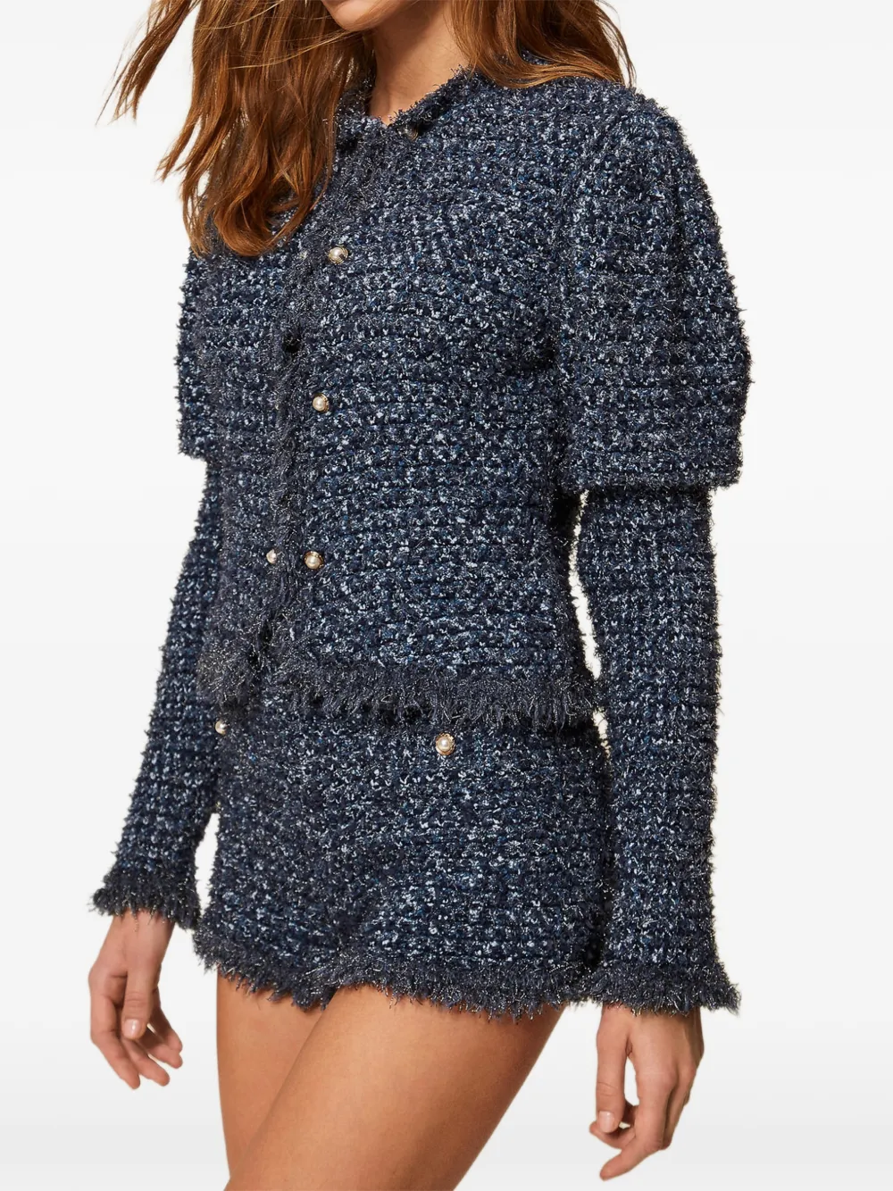  Twinset Jacquard Fringed Jacket - Blue 
