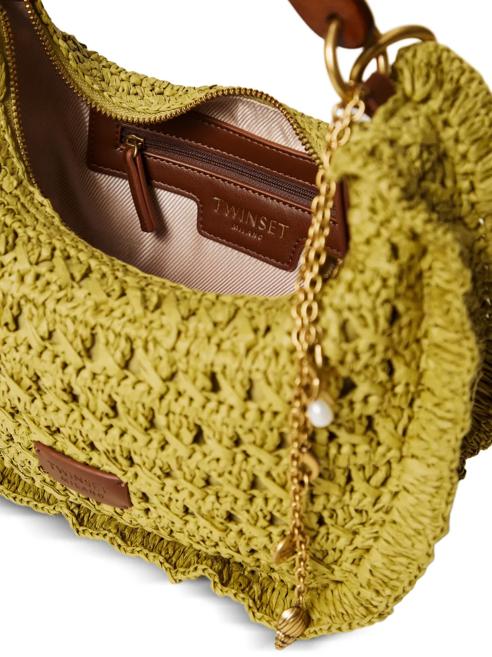 TWINSET Croissant geweven schoudertas met ruches Groen