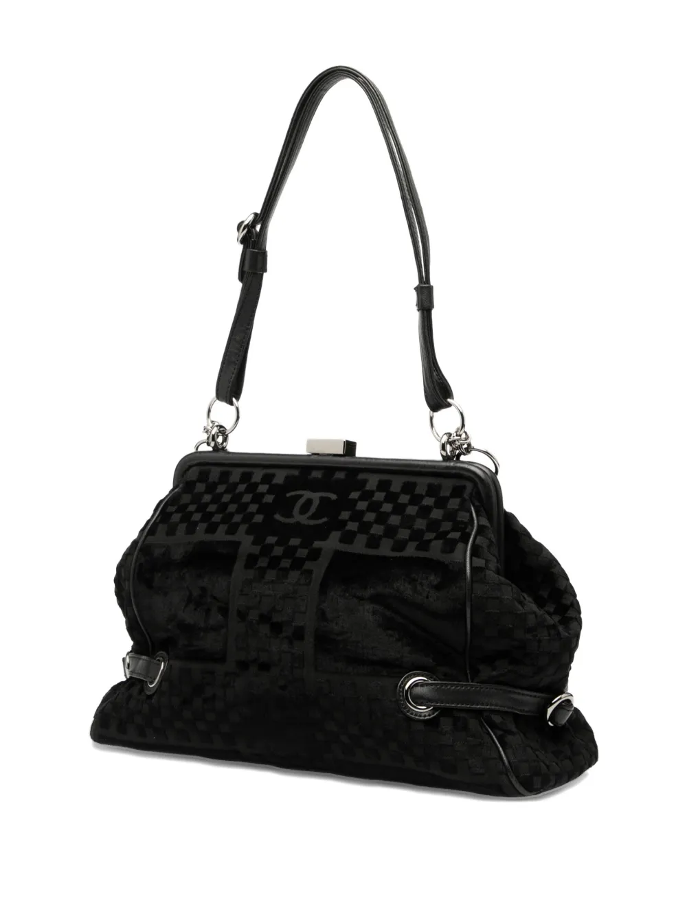 Pre-owned Chanel 2005-2006 Cc Check Embossed Velvet Belted Side Frame Bag Shoulder Bag In Black