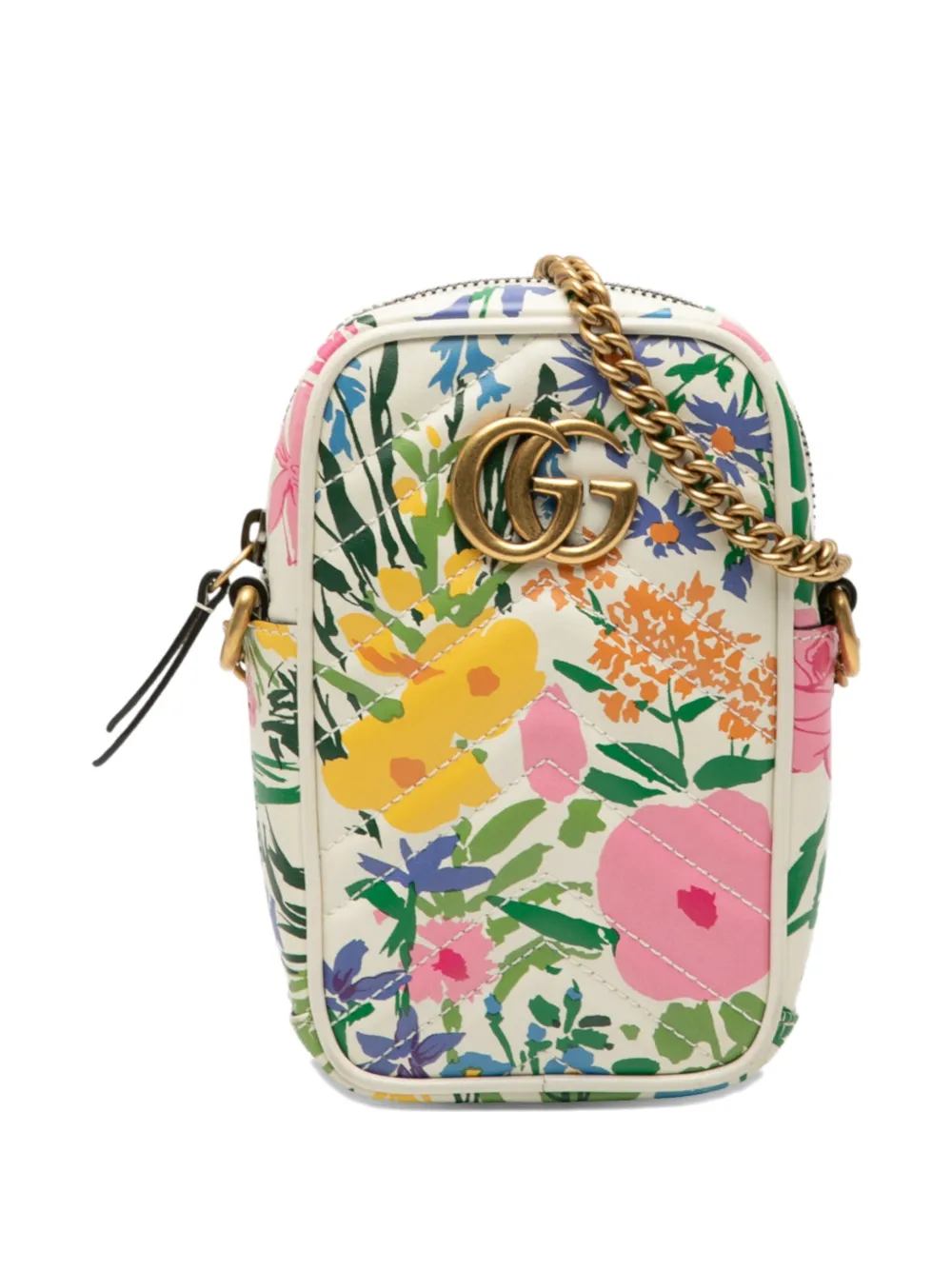 GUCCI Pre-owned 2016-2025 Mini Gg Marmont Floral Printed Matelasse Leather Crossbody Bag In White