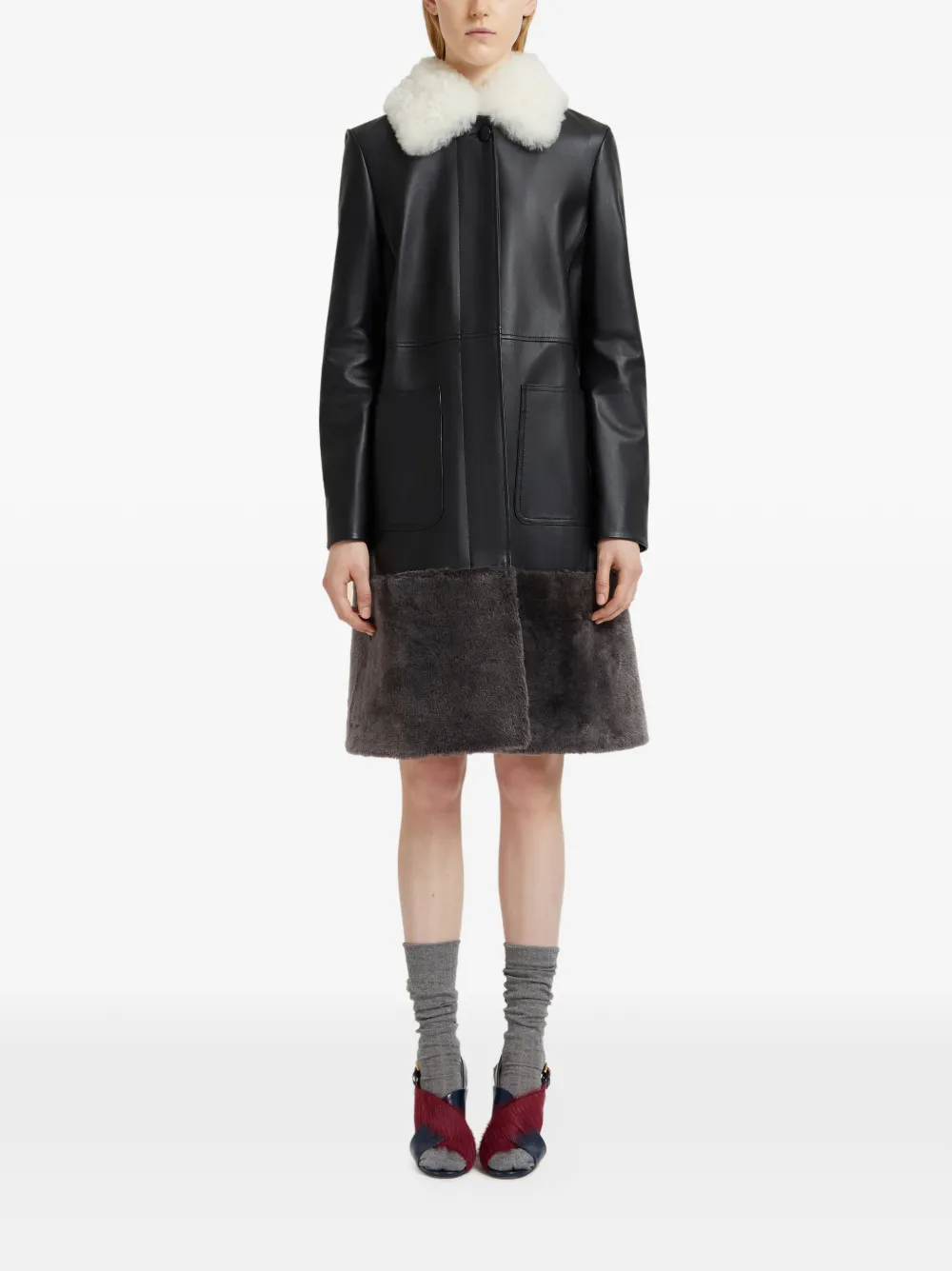 Marni Shearling-hem Leather Coat In Black