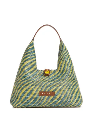 Marni Wavy raffia-effect Trapeze Mini Top Handle Bag | Green