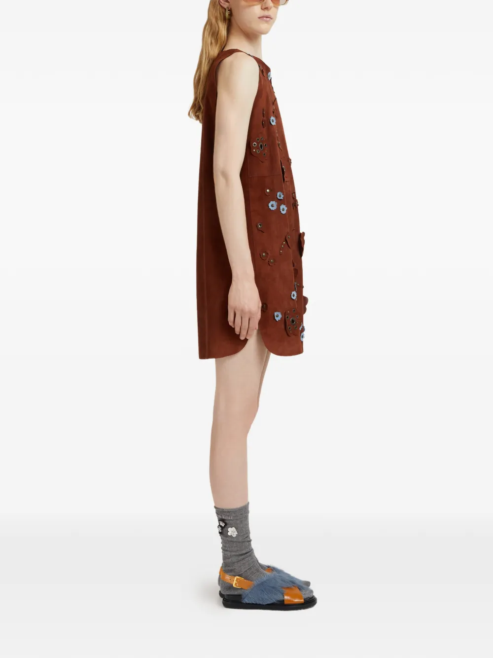 Marni Daisy-appliqué Studded Mini Dress In Brown
