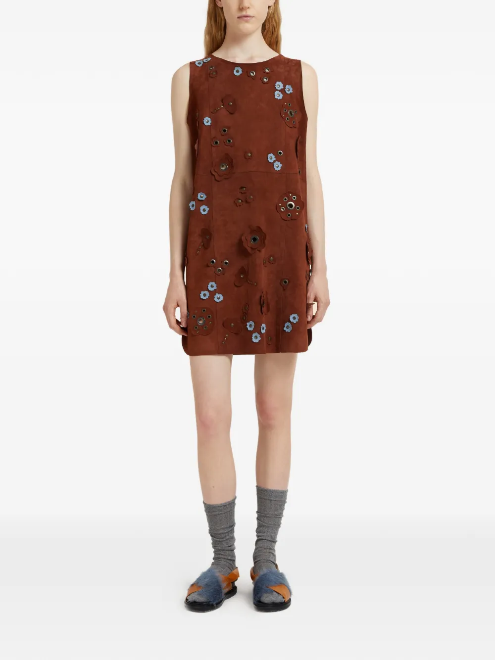 Marni Daisy-appliqué Studded Mini Dress In Brown