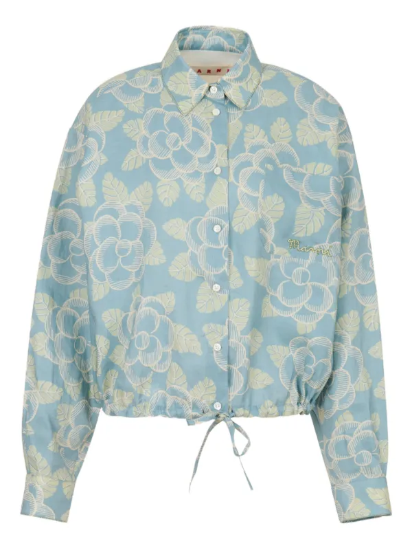 Marni Ramie Drawstring Shirt with Banjo Print in Blue