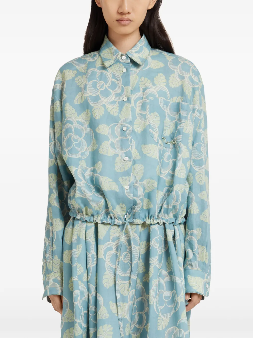 Marni Drawstring Floral Shirt In Blue