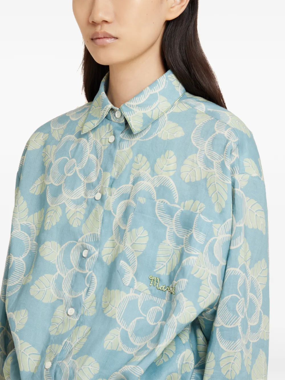 Marni Drawstring Floral Shirt In Blue