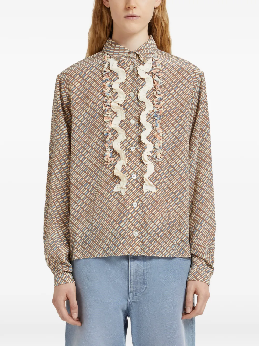 Marni Ruffled Printed Shirt In Neutral