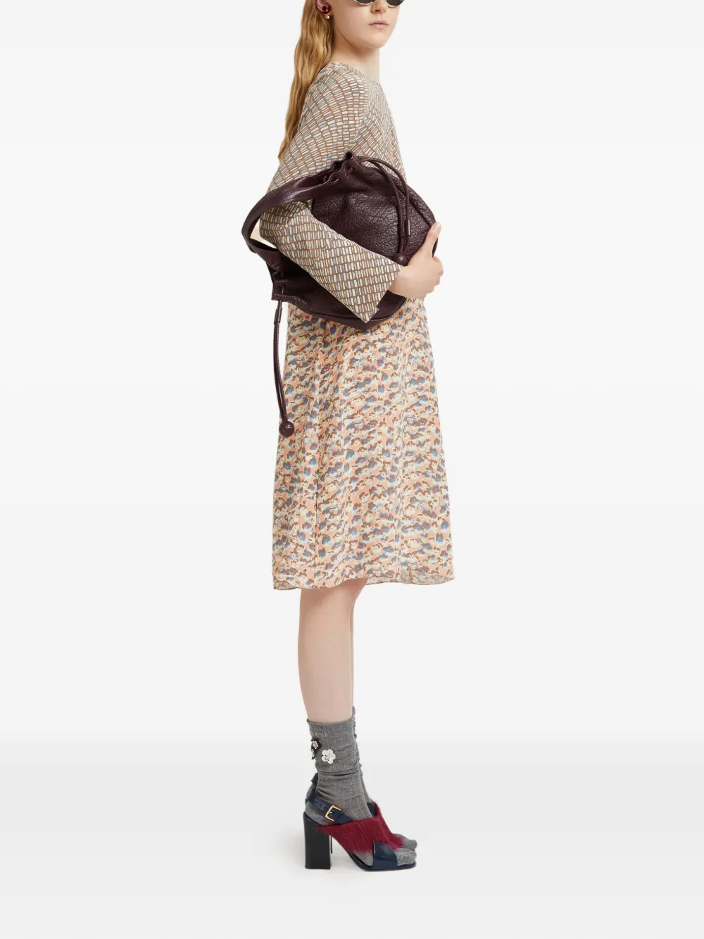 Marni Ruffle-detail Floral-pattern Midi Dress In Orange