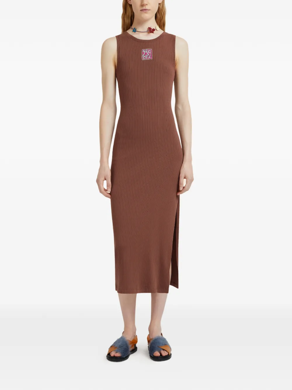  Marni Ribbed Logo-patch Midi Dress - Brown 
