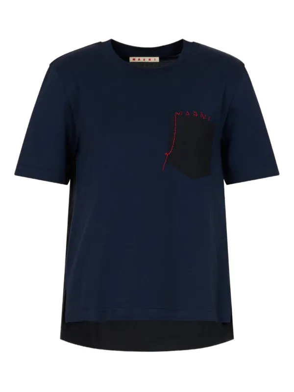Marni Deep Blue Cotton T-shirt with Handstitched Marni Logo