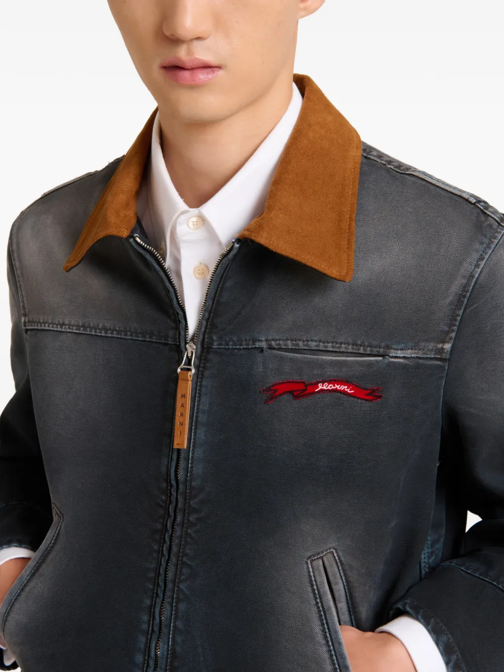Marni Denim jack met contrasterende suède kraag Blauw
