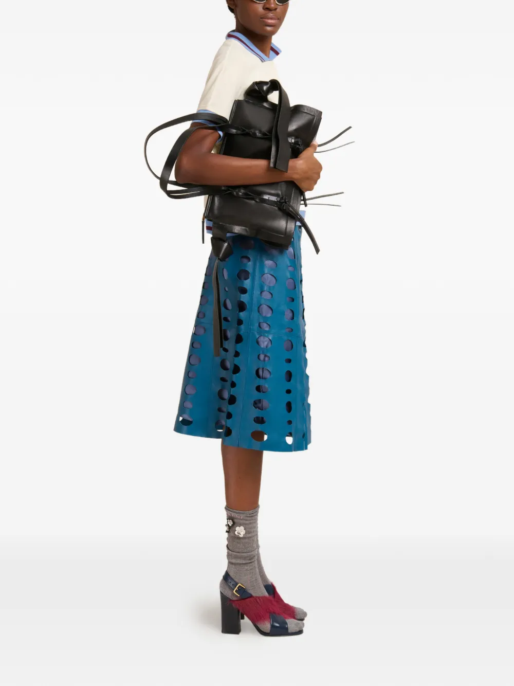 Marni Circular Cut-outs Leather Midi Skirt In Blue