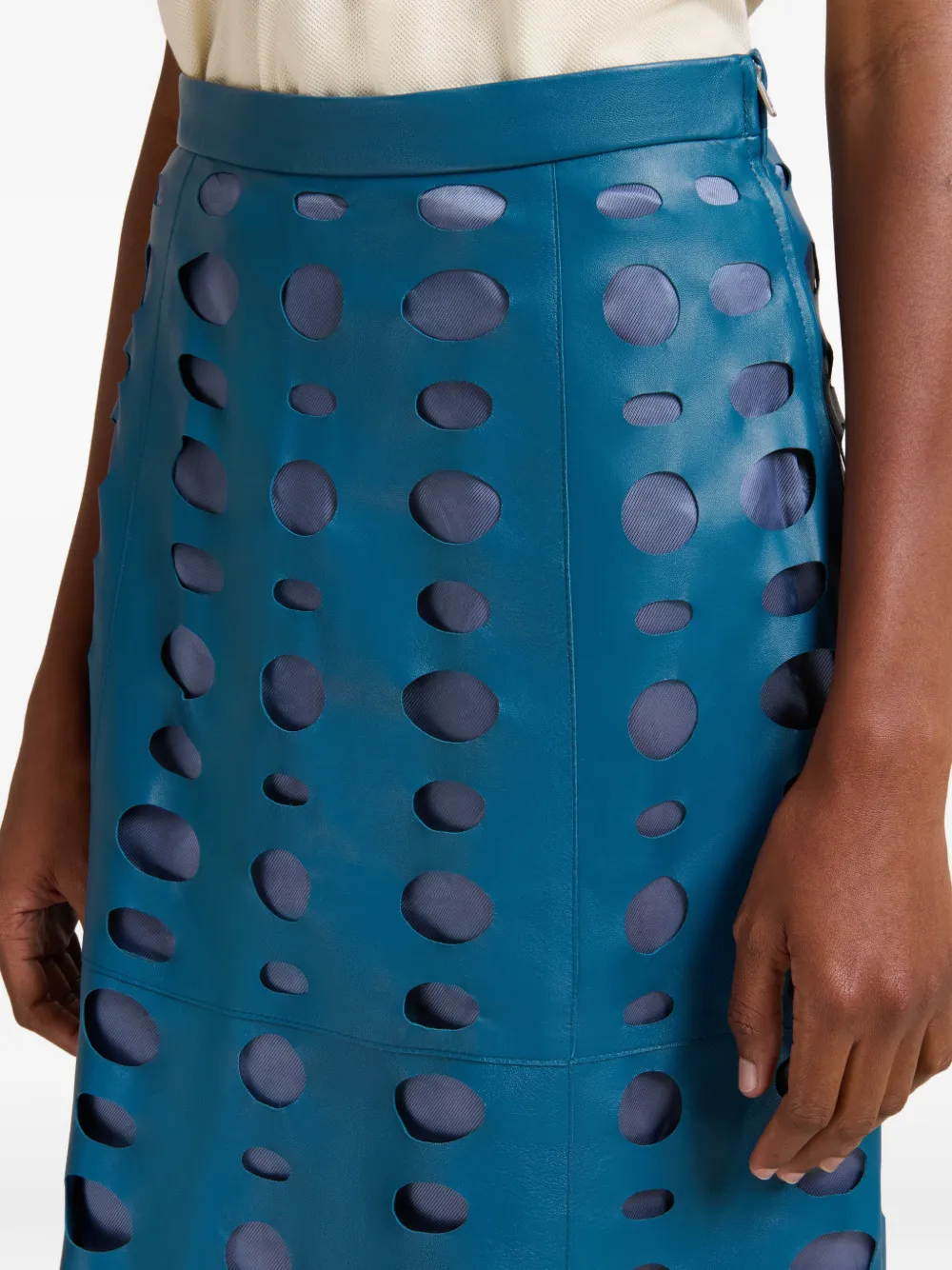 Marni Circular Cut-outs Leather Midi Skirt In Blue