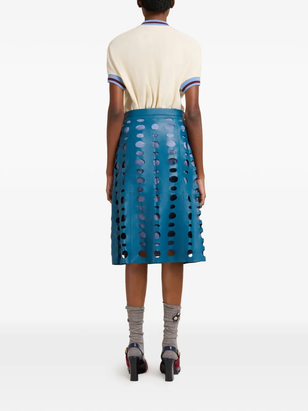 Marni Circular Cut-outs Leather Midi Skirt In Blue