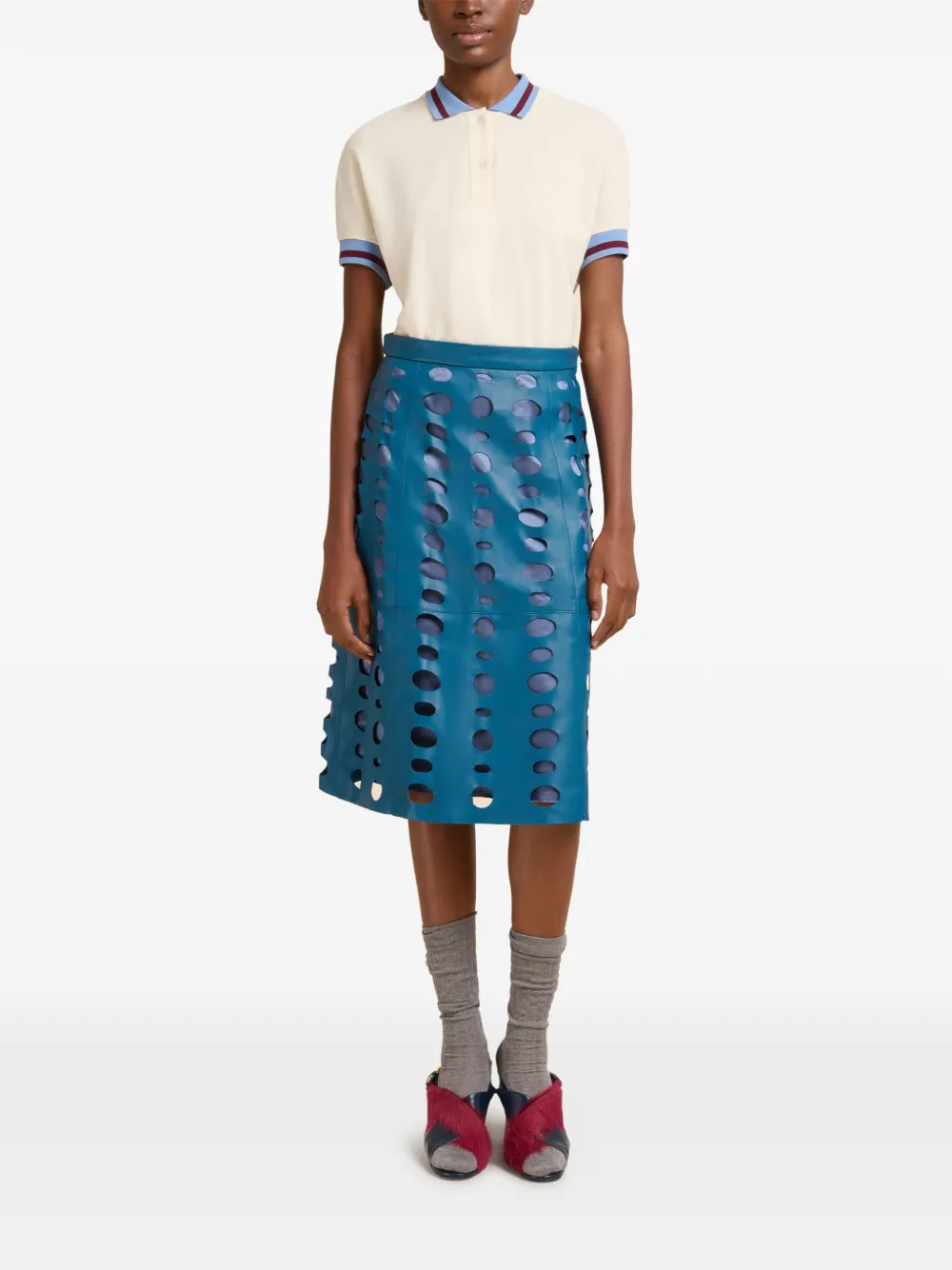 Marni Circular Cut-outs Leather Midi Skirt In Blue
