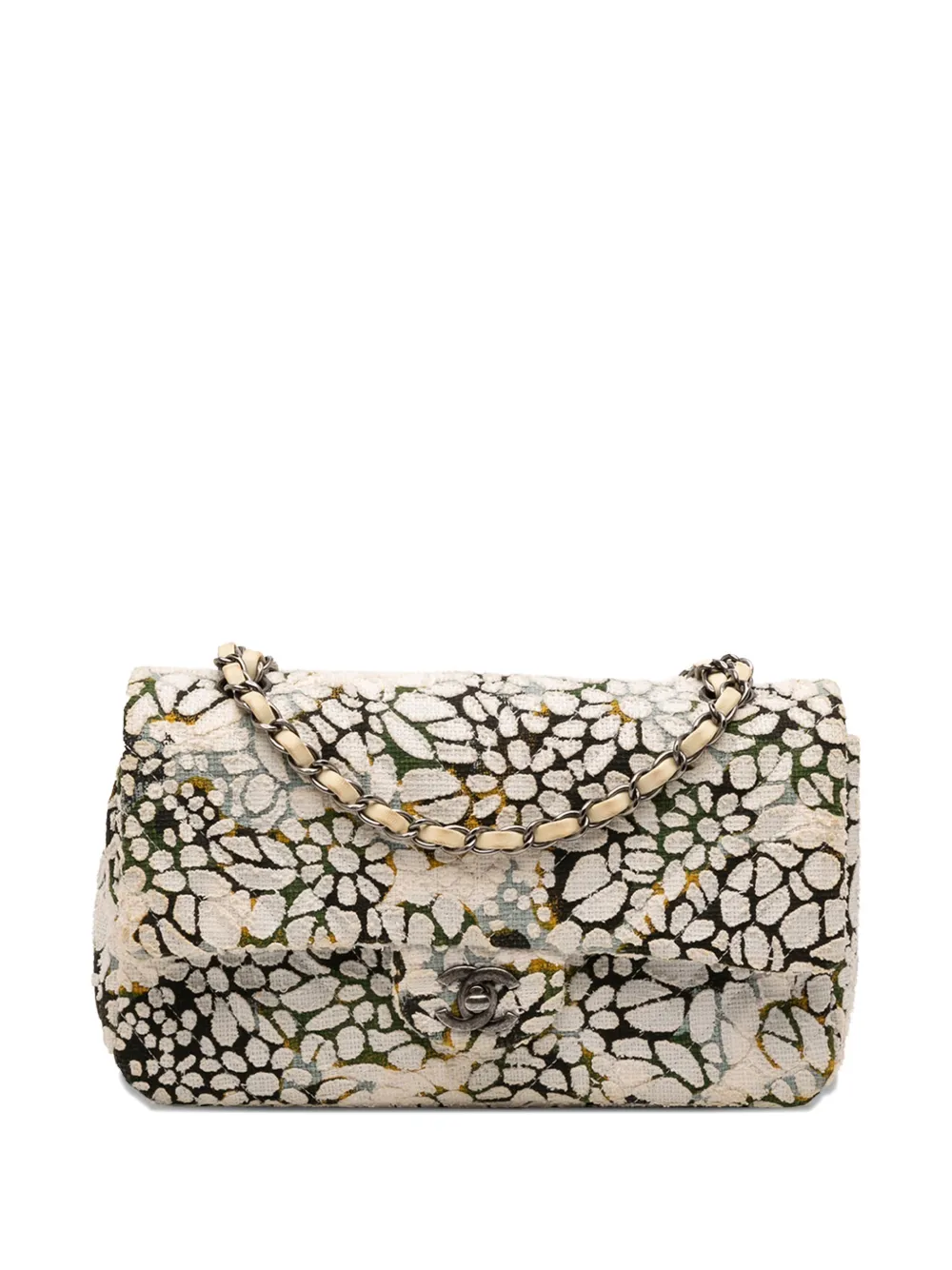 CHANEL Pre-Owned 2015-2016 Medium Classic Chevron Tweed Floral Double Flap shoulder bag - Bianco