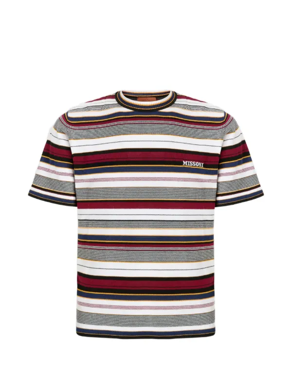 Missoni Striped Crew-neck Cotton T-shirt with Embroidered Logo Lettering in White