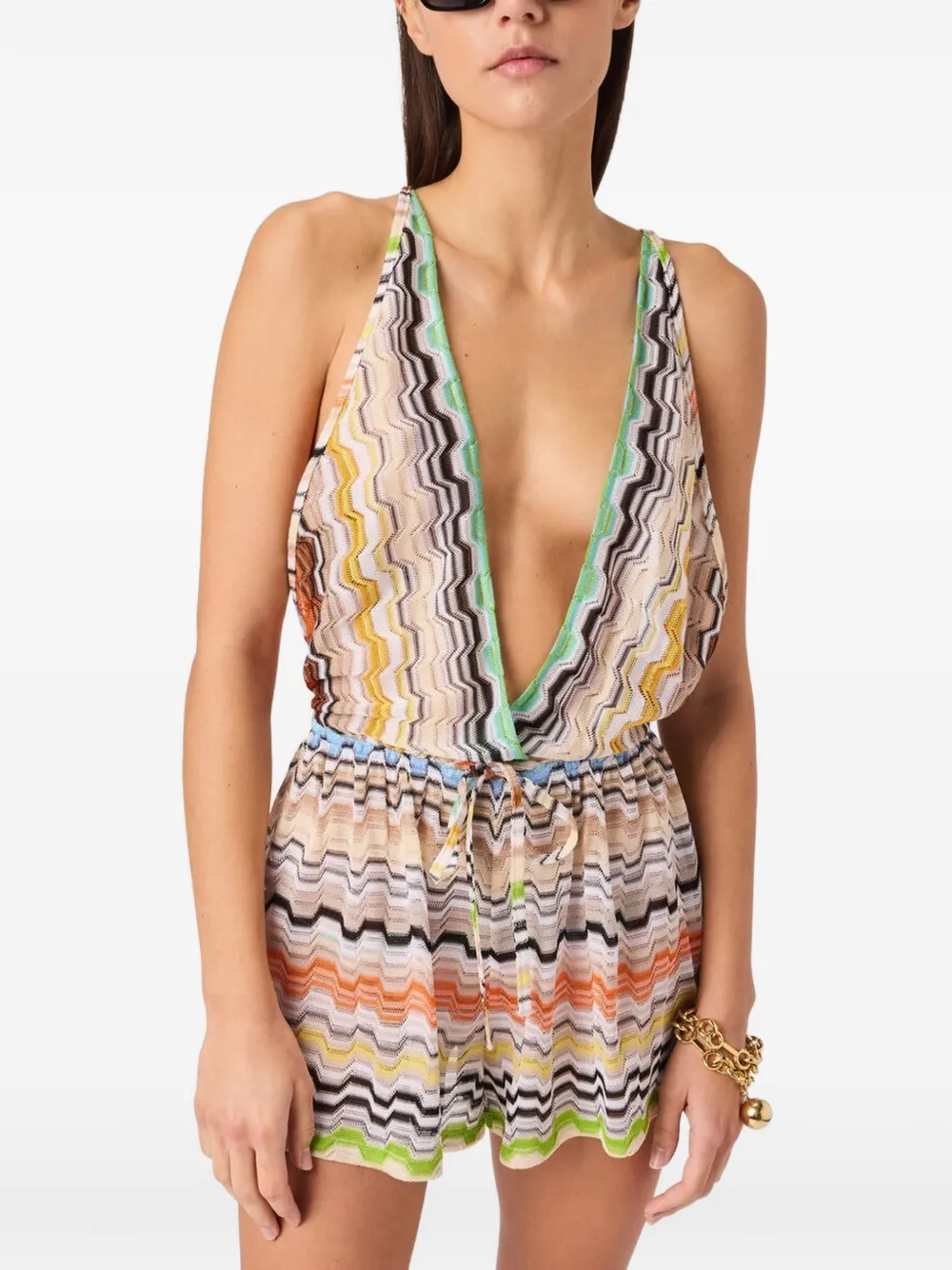 Missoni Korte jumpsuit van pure viscose met Grieks patroon Beige