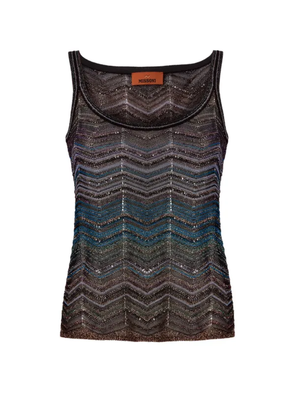 Missoni Chevron Lamé Sleeveless Crewneck Top with Sequins in Green
