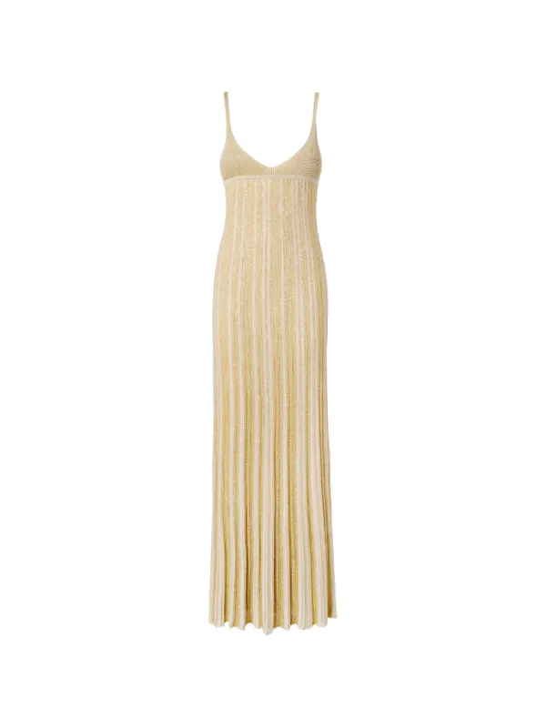 gold ribbed dress Hermosa Gold Metallic Knit Pleated Maxi Dress, M / Gold