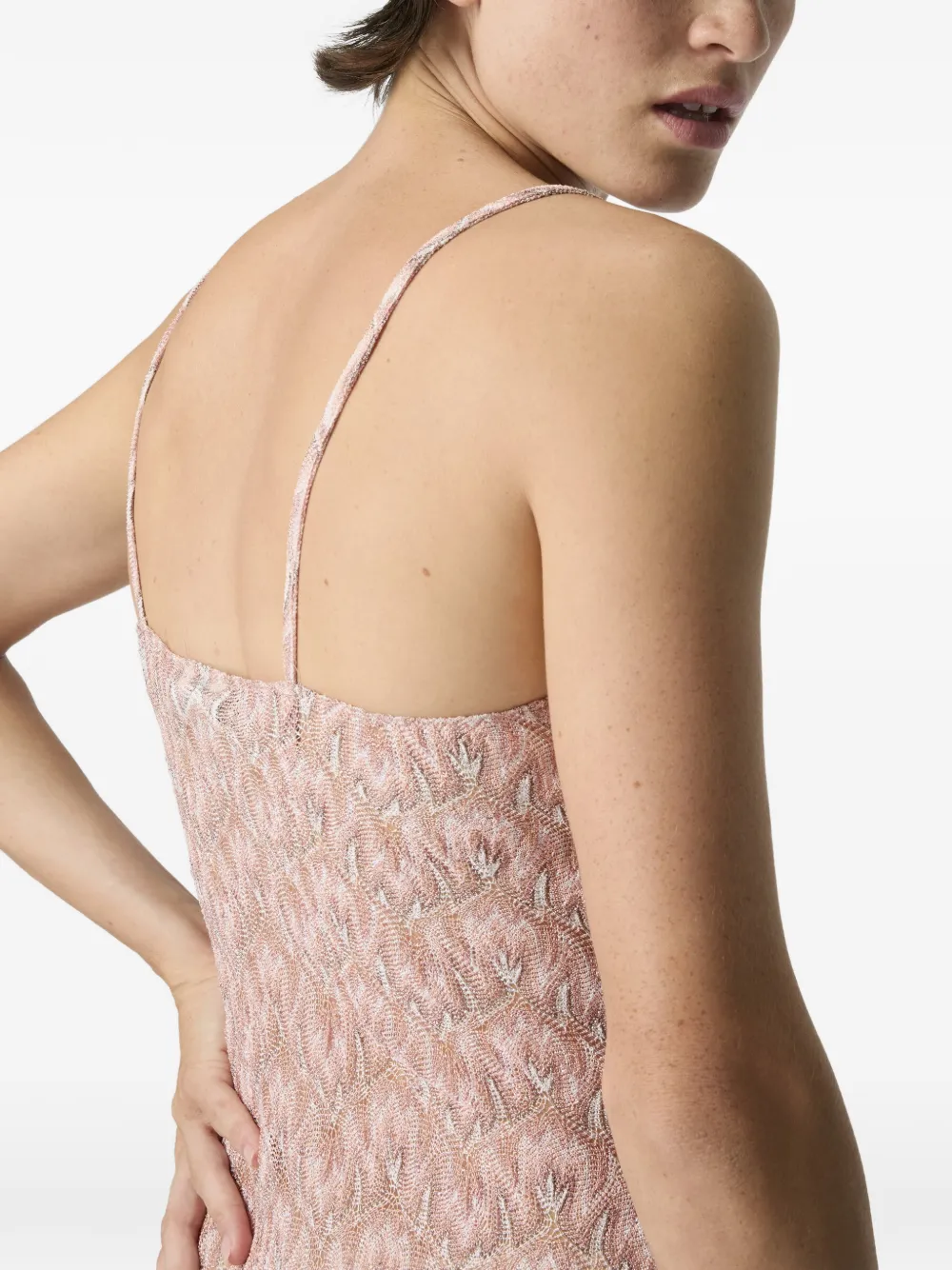 Missoni Mini Cover-up Dress in Lamé Viscose with Foliage Motif in Pink, view 4