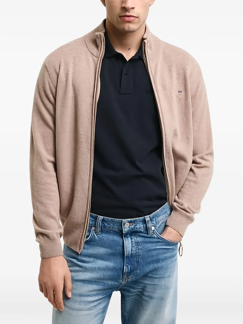 Gant Zip Lambswool Cardigan In Neutral