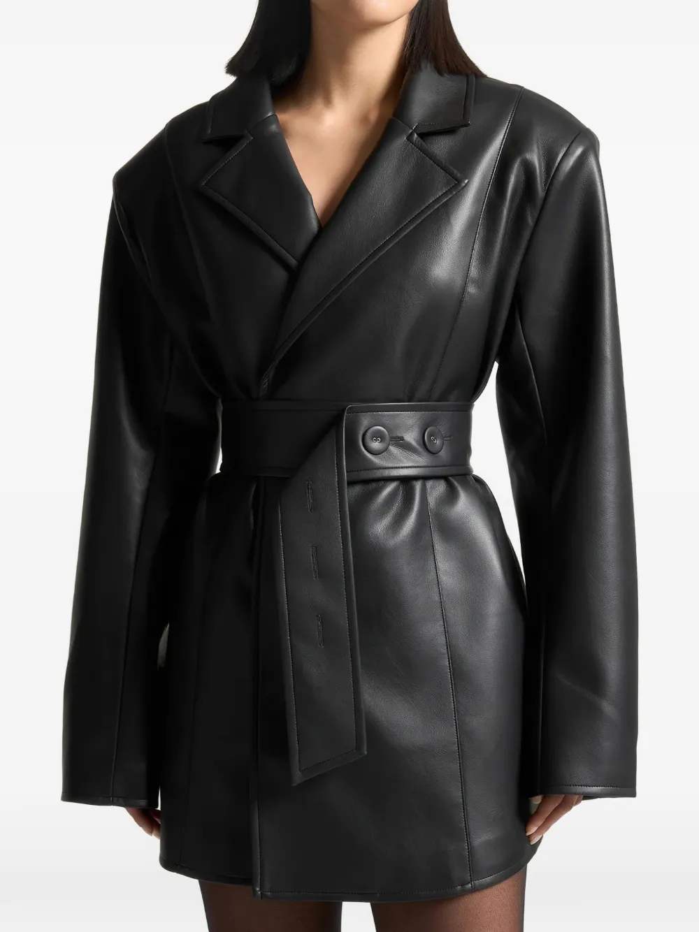 Oversized-Fit Belted Faux-Leather Black Blazer Mini Dress