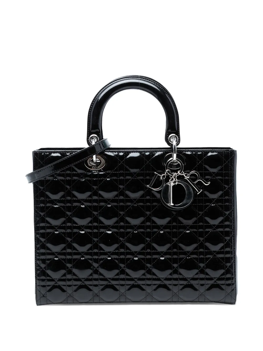 DIOR Pre-owned 2014 Large Patent Cannage Lady Satchel In Black