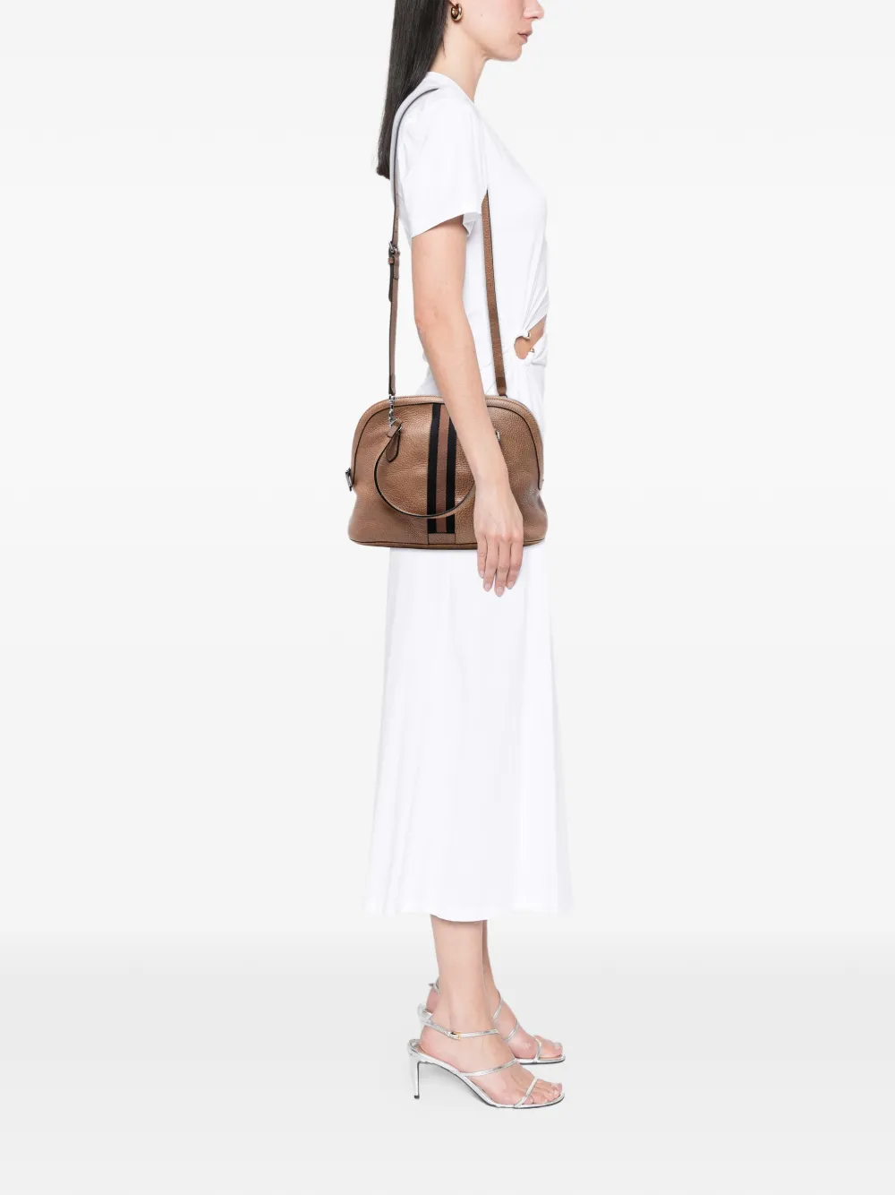 Pre-owned Gucci 2016-2025 Medium Leather Web Dome Satchel In Brown