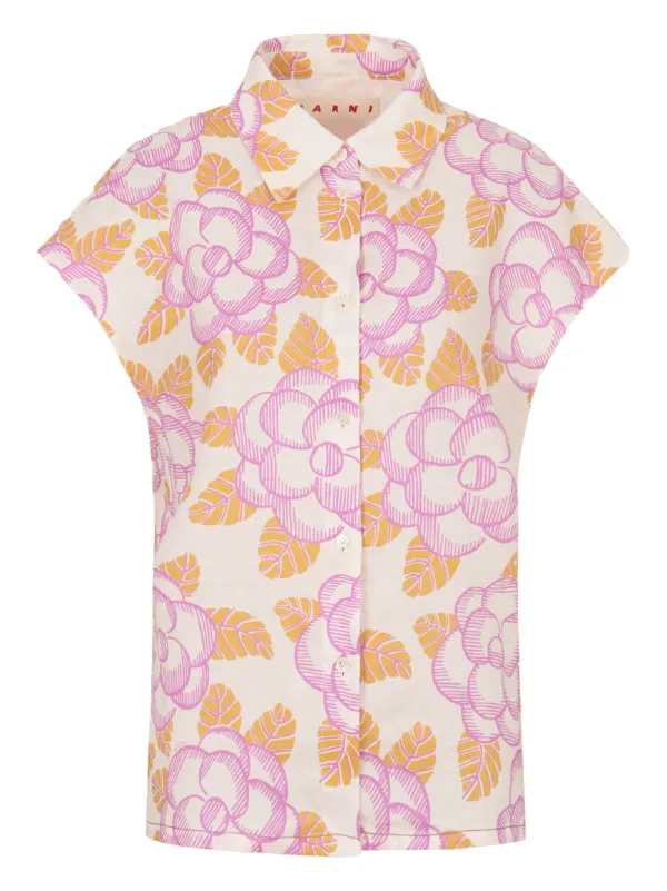Marni Floral Cap-sleeved Shirt in White