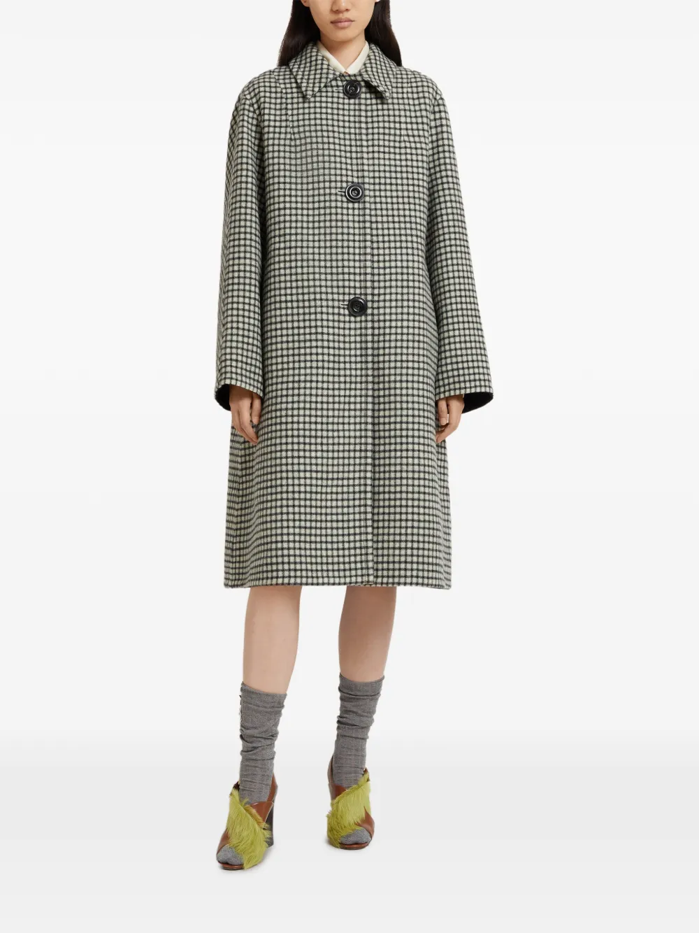  Marni Collared Checked Coat - White 