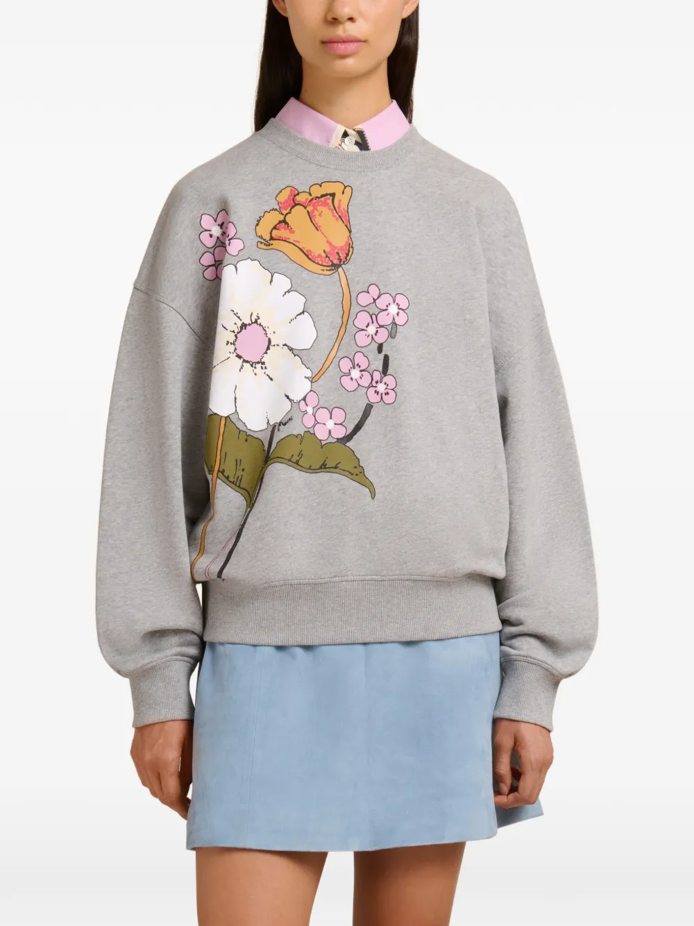 Marni Floral-print Ribbed Sweatshirt In Gray