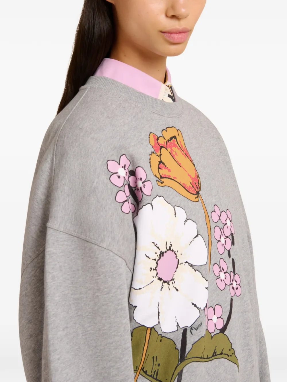 Marni Floral-print Ribbed Sweatshirt In Gray