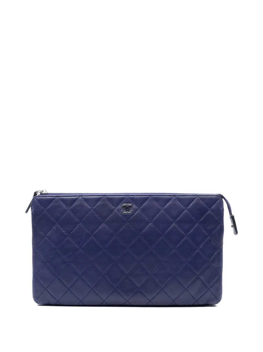 Pre-owned Chanel 2015-2016 Cc Quilted Lambskin Double Zip Pouch Clutch Bag In Blue