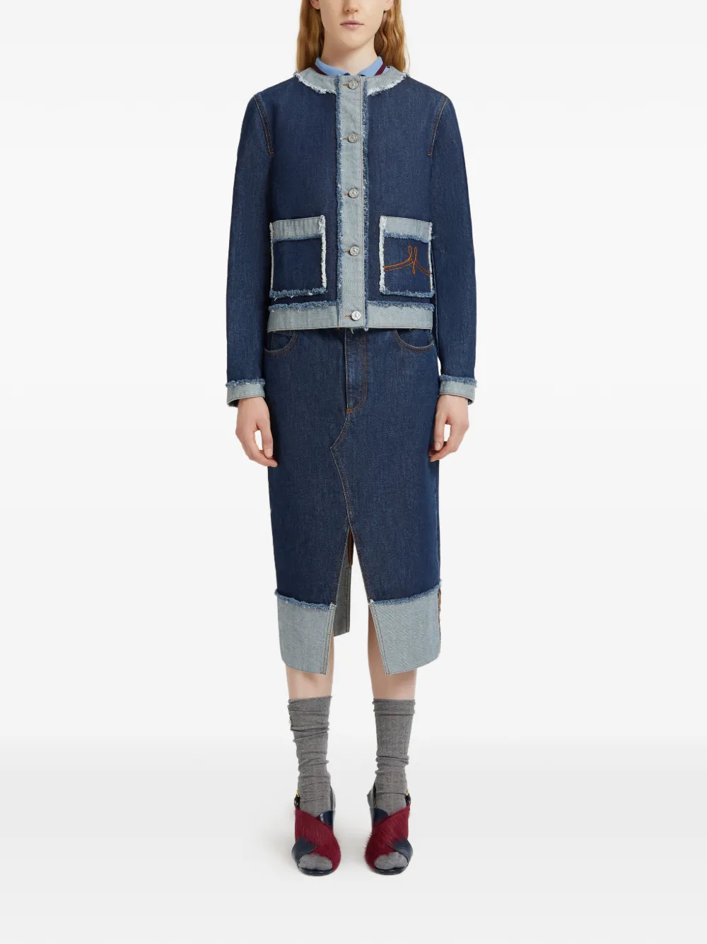  Marni Frayed-detail Denim Jacket - Blue 