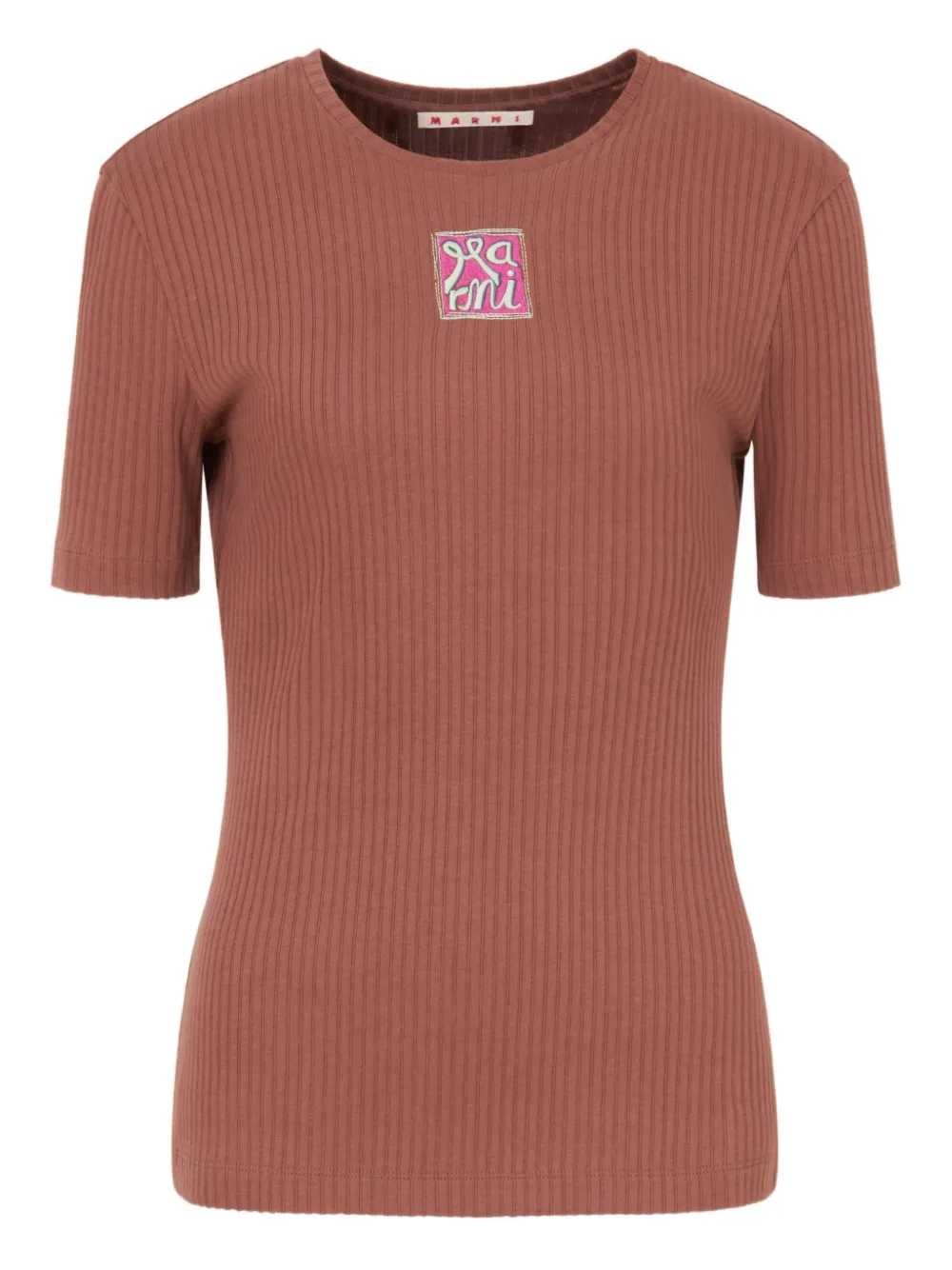 Marni Ribbed Embroidered Logo T-shirt In Brown