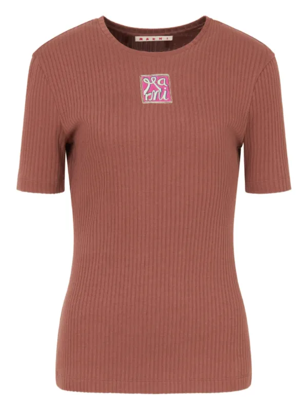 Marni Ribbed Embroidered Logo T-shirt in Brown