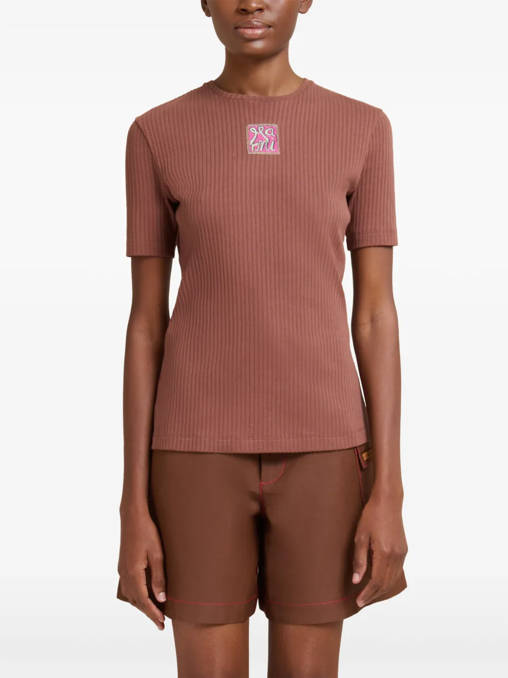 Marni Geribbeld T-shirt met geborduurd logo Bruin