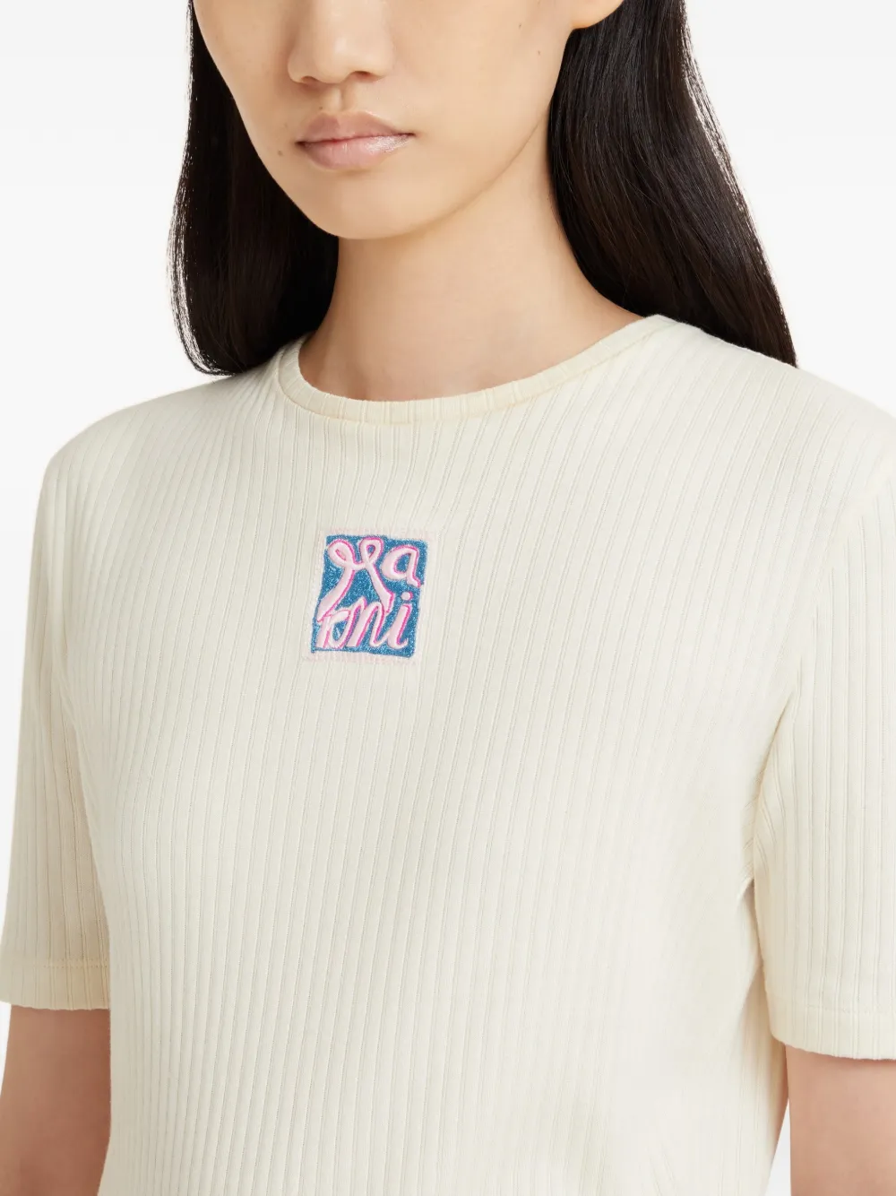 Marni Geribbeld T-shirt met geborduurd logo Beige