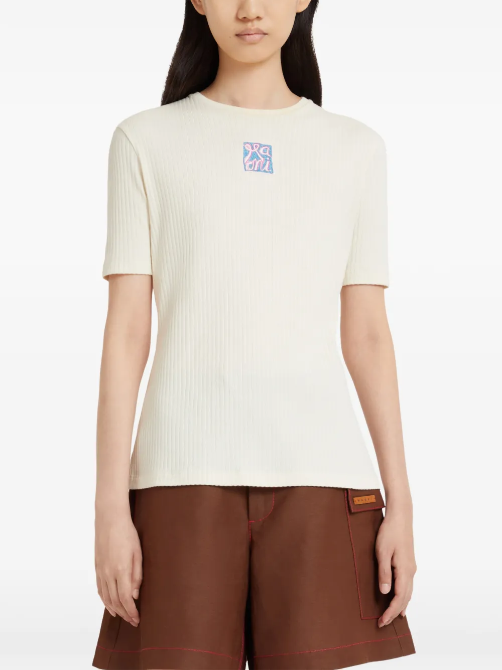  Marni Ribbed Logo-embroidered T-shirt - Neutrals 