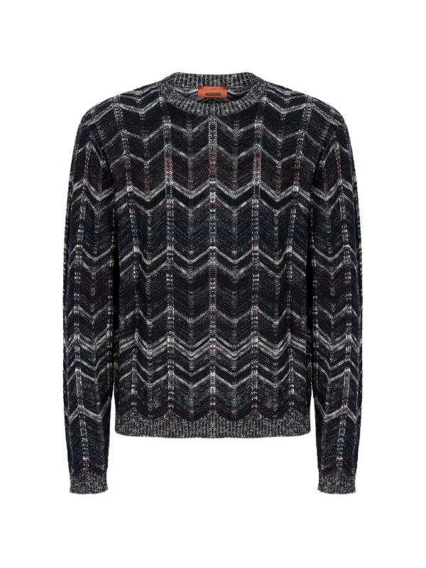 Missoni Crew-neck Cotton Chevron Pullover with Ribbed Trims in Blue