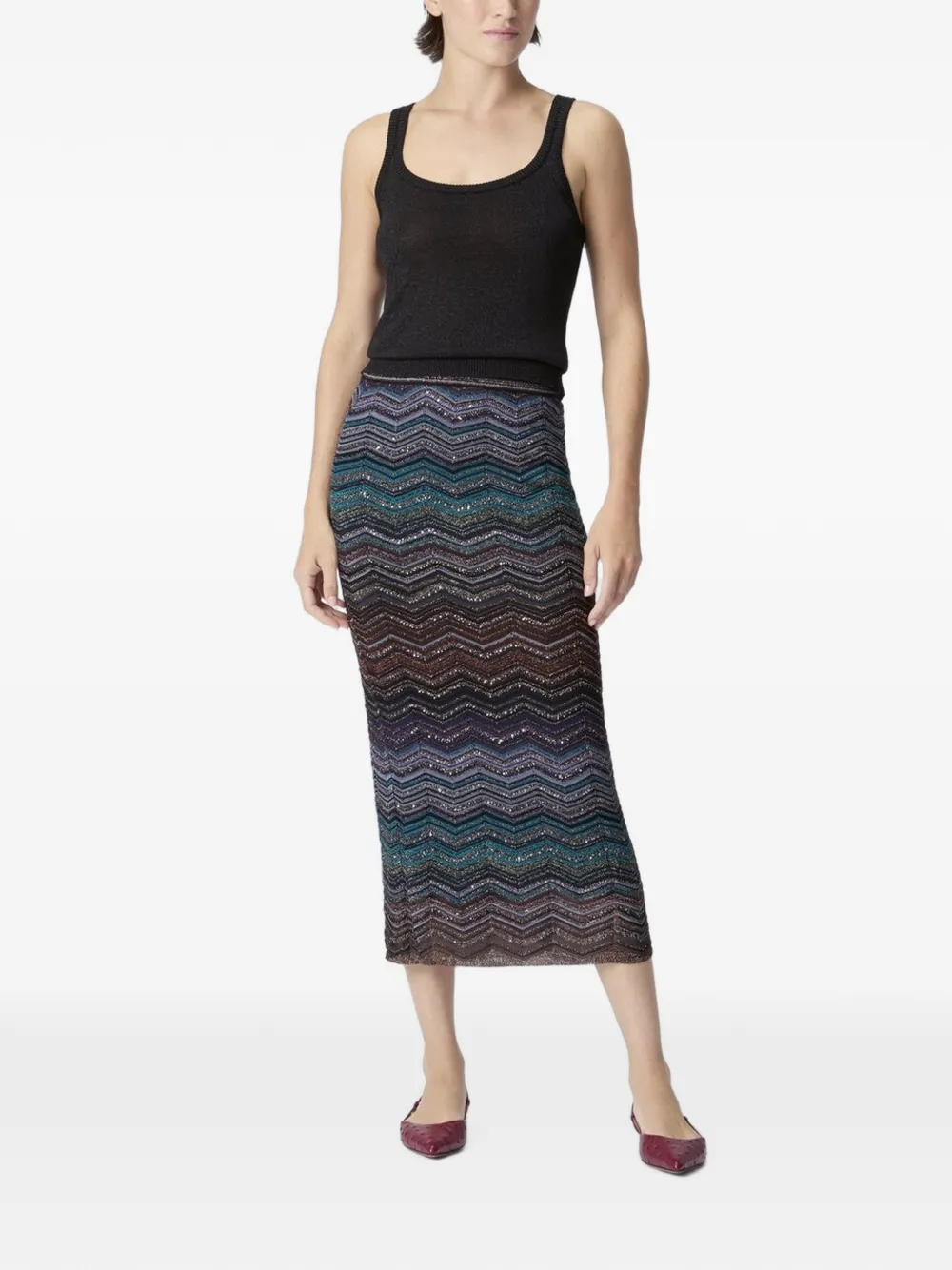 Missoni Tube Chevron Lamé Long Skirt with Sequins in Brown, view 3